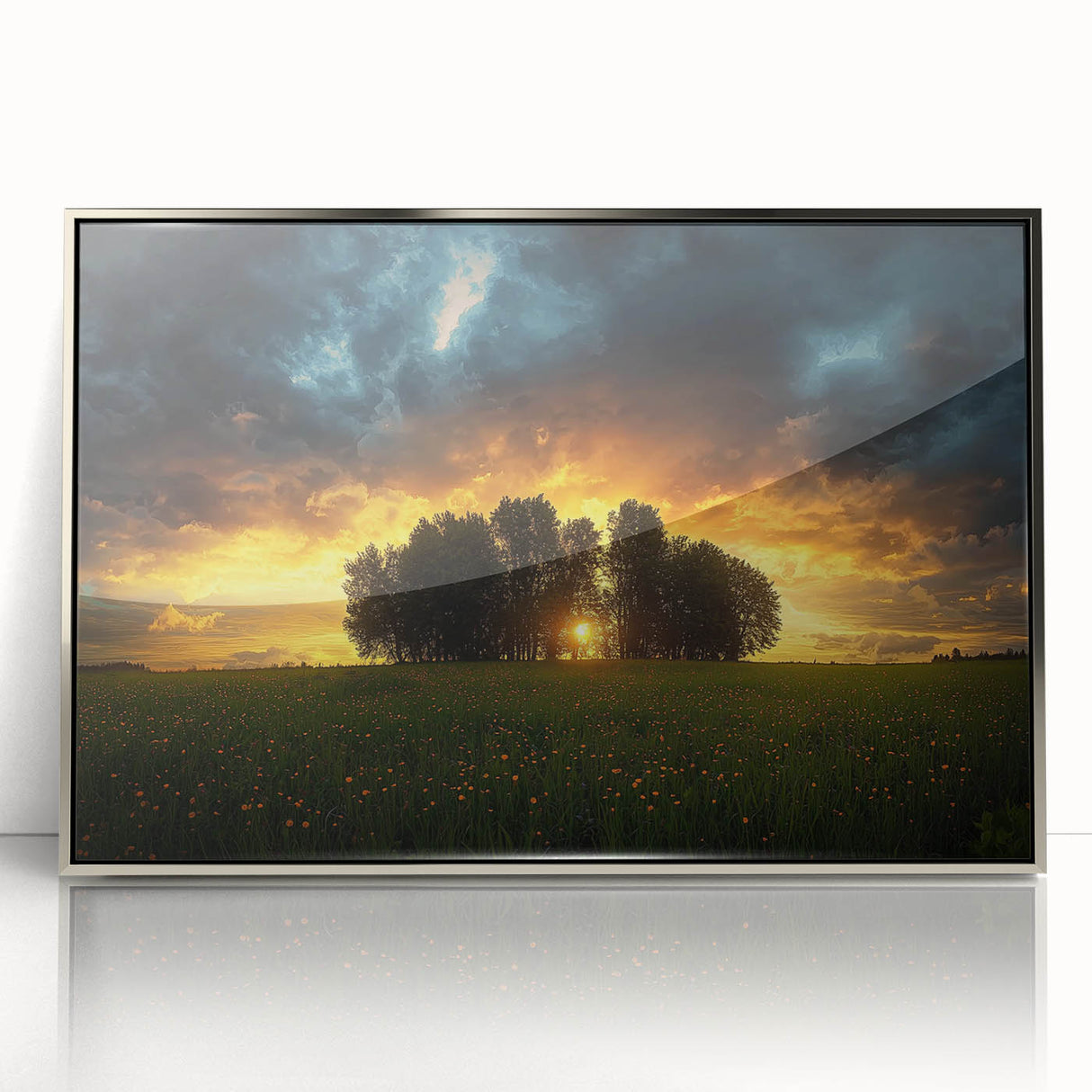 Framed acrylic artwork showcasing a vibrant landscape scene with lush green fields and a silver border, ideal for modern home decor and art enthusiasts.