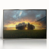 Framed acrylic artwork showcasing a vibrant landscape scene with lush green fields and a silver border, ideal for modern home decor and art enthusiasts.