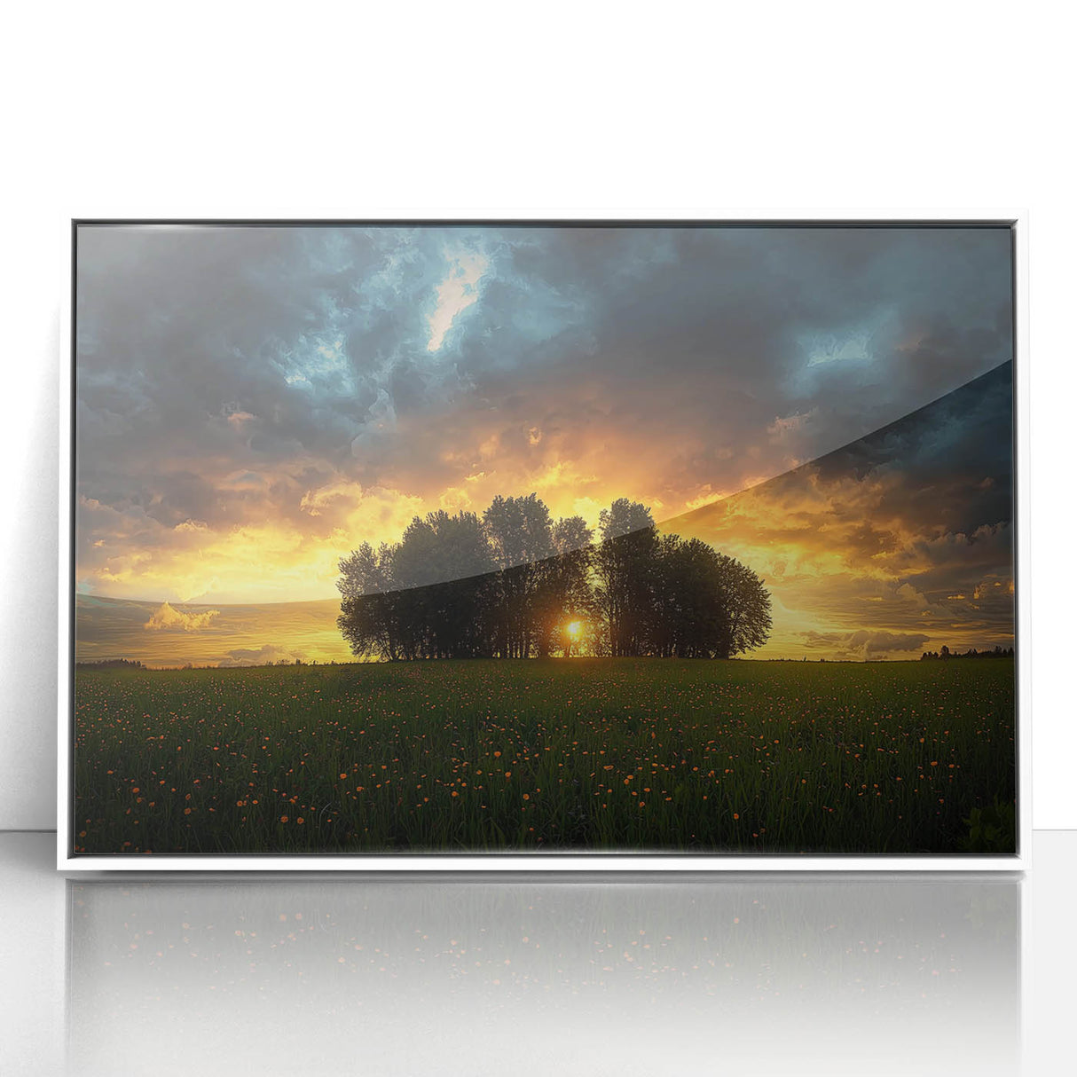Framed acrylic artwork showcasing a vibrant landscape scene with rolling fields and a blue sky, elegantly presented in a white frame, ideal for home decor.