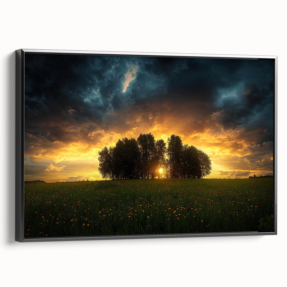 Framed canvas art depicting serene landscapes of lush green fields, showcasing a black side view that highlights its modern design and elegance. Perfect for home decor.