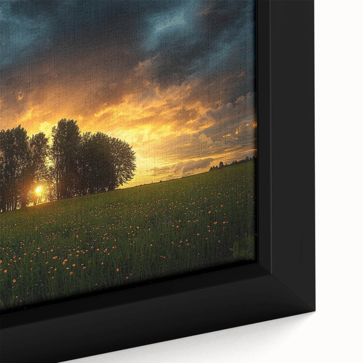 Close-up of a framed canvas artwork depicting vibrant landscapes and fields, showcasing rich colors and intricate details, perfect for home decor enhancement.
