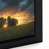 Close-up of a framed canvas artwork depicting vibrant landscapes and fields, showcasing rich colors and intricate details, perfect for home decor enhancement.