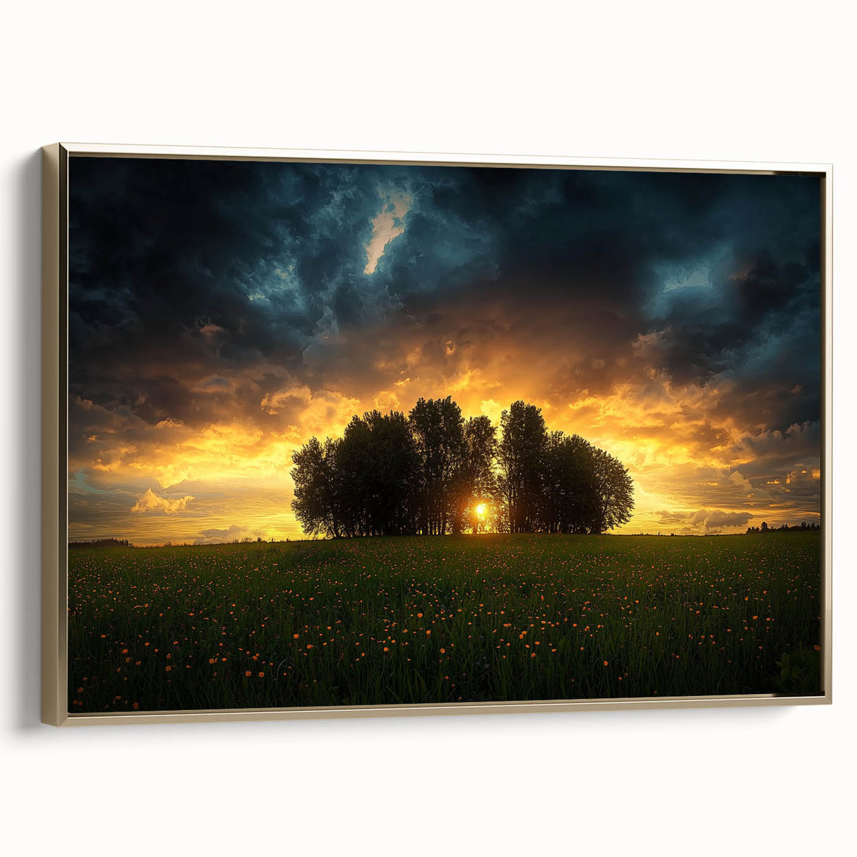 Framed canvas artwork showcasing a vibrant landscape with fields in rich greens and gold accents, highlighting a side view that emphasizes its elegant design and texture.