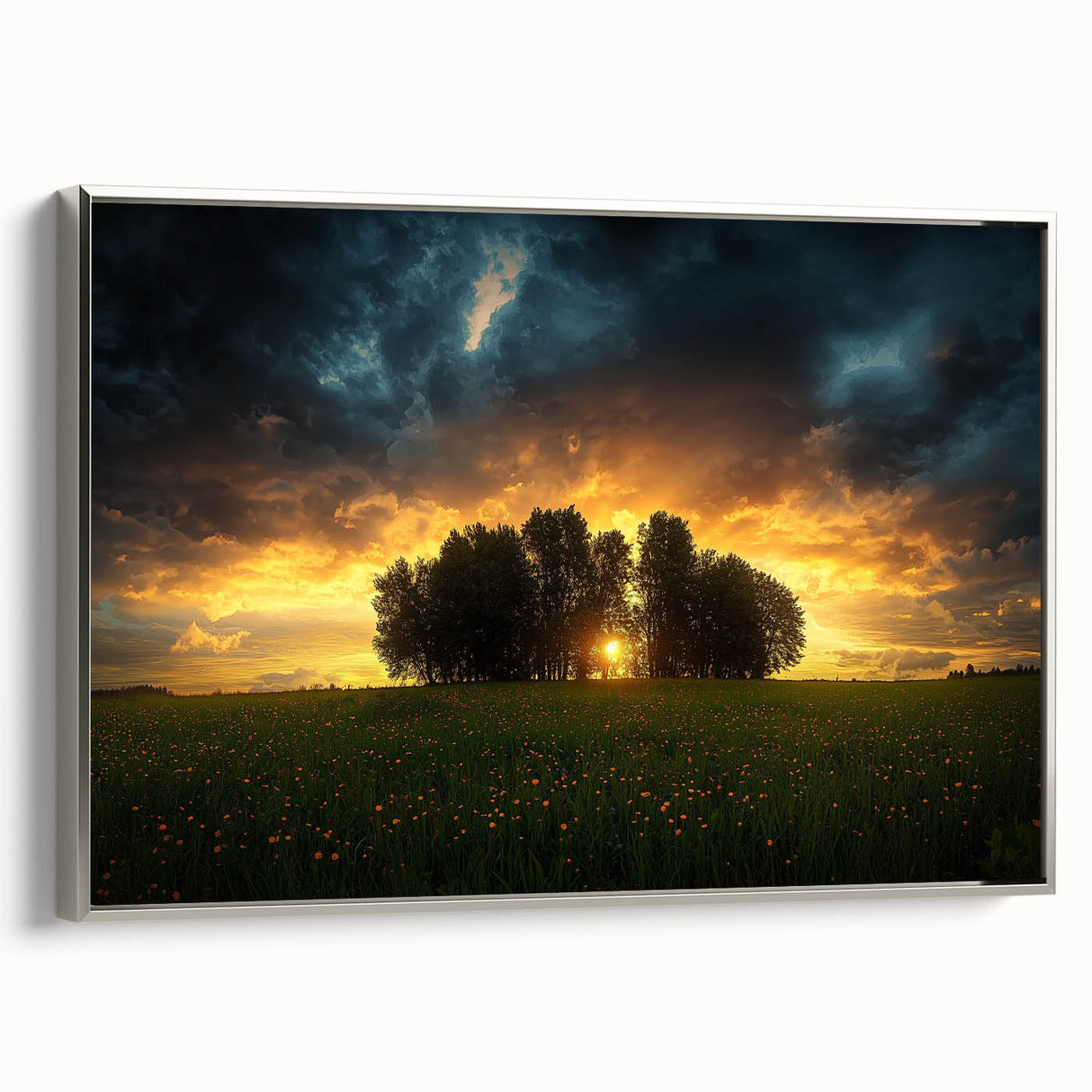 Framed canvas artwork displaying a serene landscape of rolling fields, accentuated by a silver frame, perfect for enhancing home decor and adding a touch of nature.