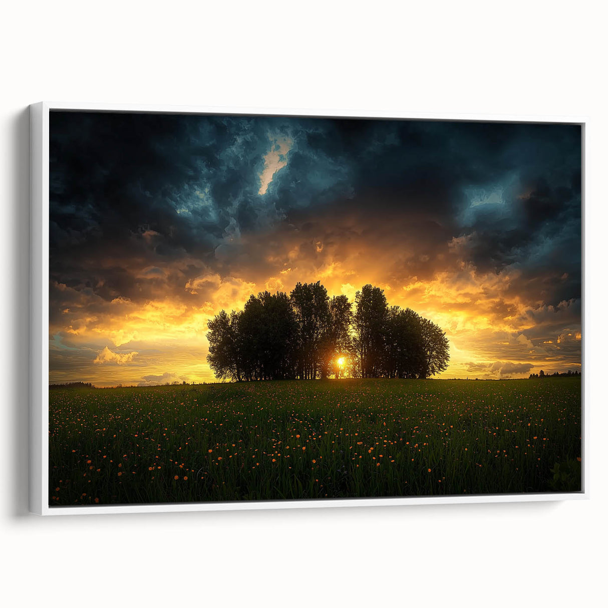 Framed canvas artwork showcasing a serene landscape with lush green fields and a soft blue sky, presented in a stylish white frame, perfect for home decor.