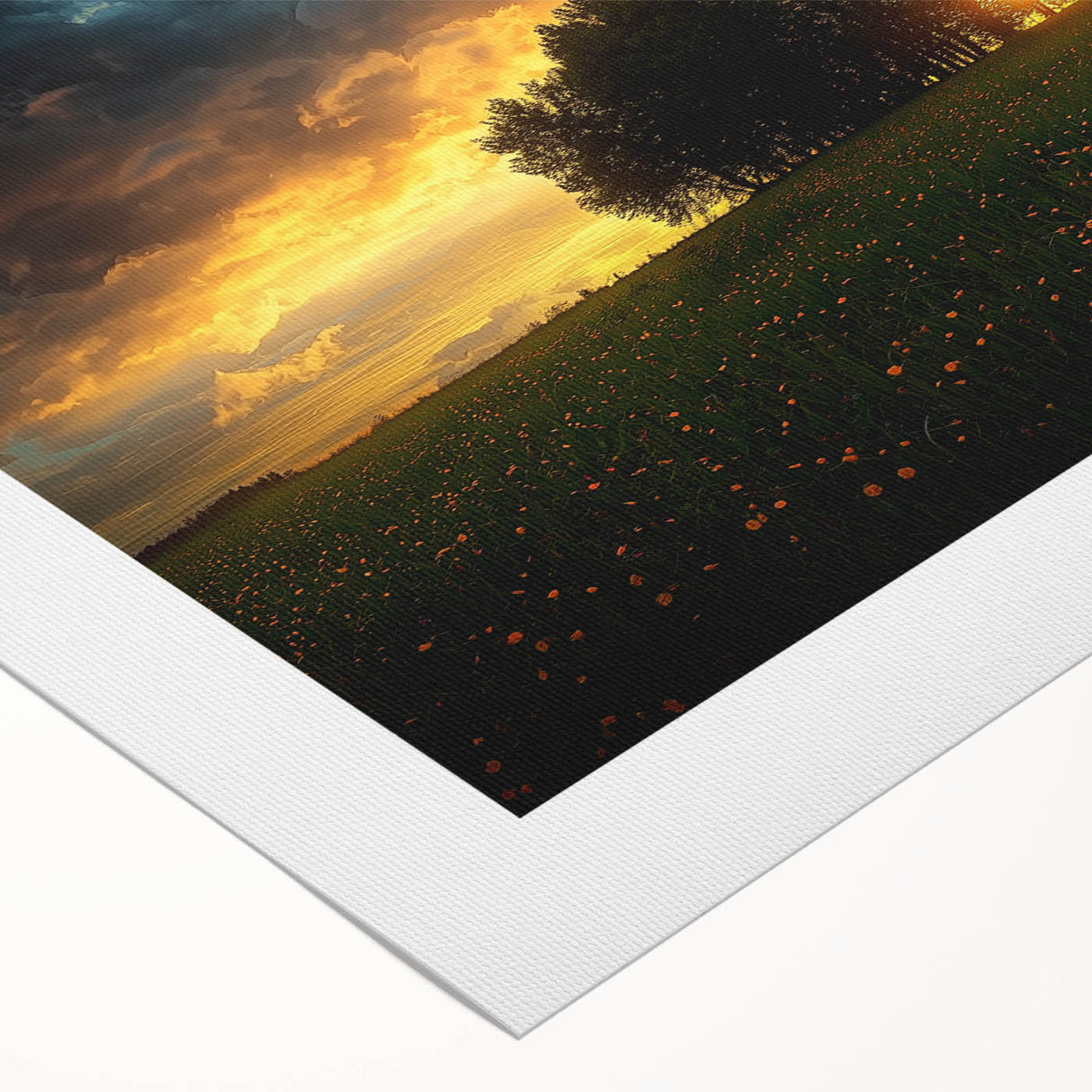 Rolled canvas artwork showcasing a vibrant landscape design with rolling fields and a serene sky, elegantly packaged in a protective cardboard tube for shipping.