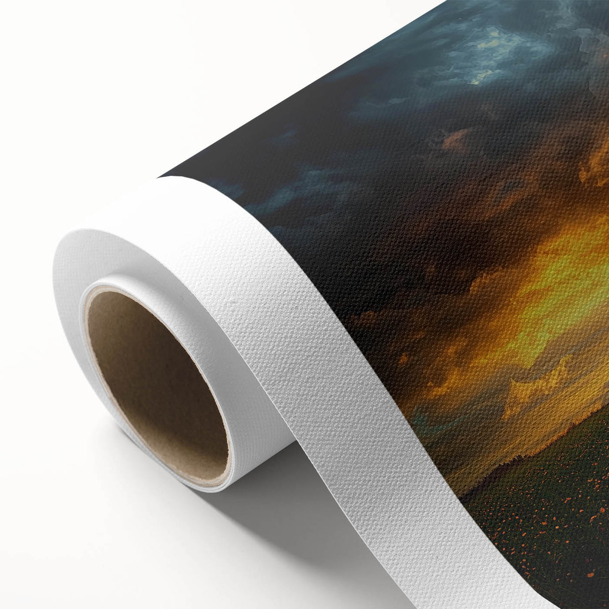 Rolled canvas print showcasing a vibrant landscape design with rolling fields and a serene sky, packaged securely in a durable cardboard tube for safe transport.