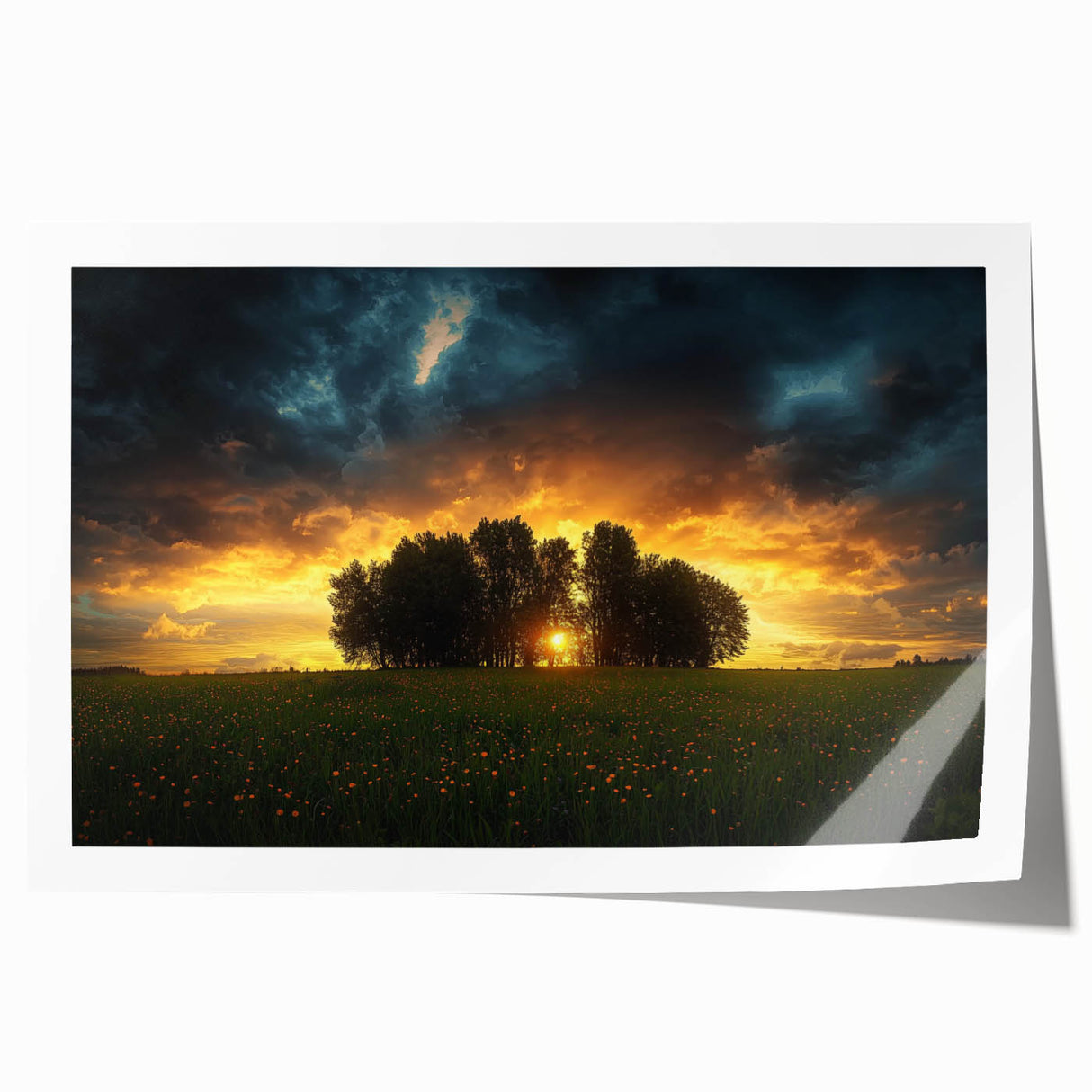 Vibrant landscape print showcasing rolling green fields under a blue sky, elegantly rolled for easy transport, perfect for home decor or art enthusiasts.