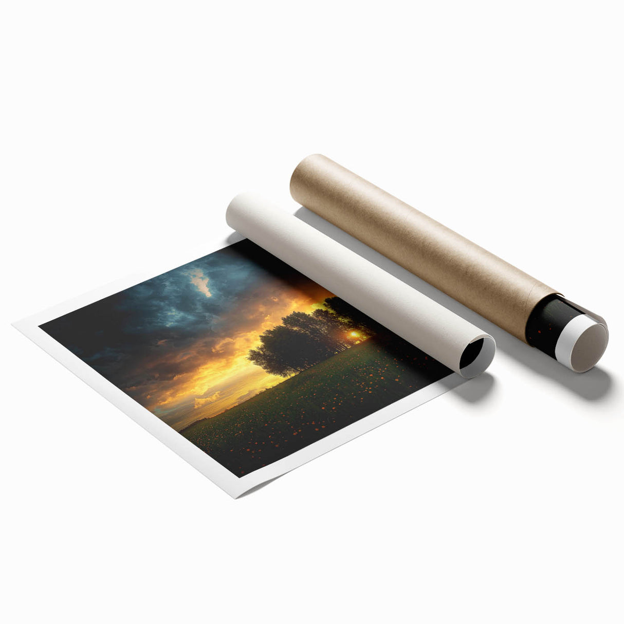 Vibrant rolled canvas print of a serene landscape featuring rolling fields and a bright blue sky, expertly packaged in a durable cardboard tube for safe transport. Ideal for home decor and nature enthusiasts.