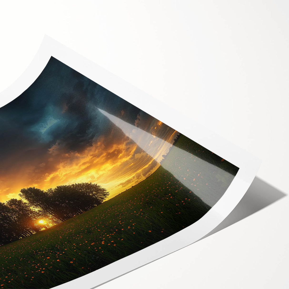 Rolled print showcasing a vibrant landscape design with lush green fields and a bright blue sky, carefully packaged in a protective cardboard tube for safe delivery.