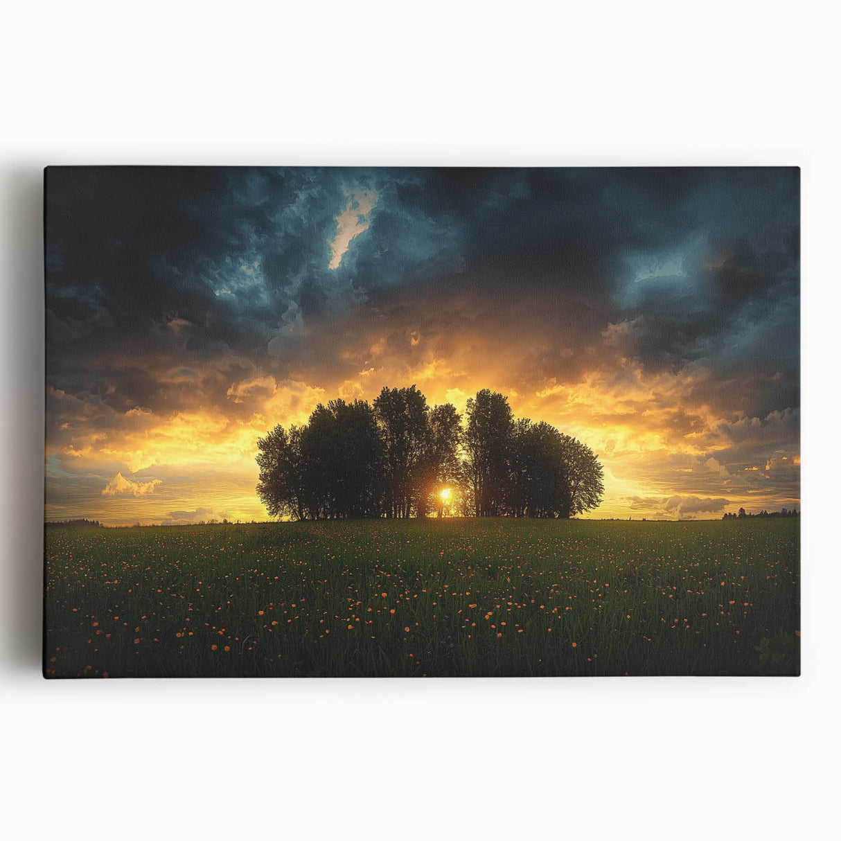 Stretched canvas artwork depicting a serene landscape of vibrant green fields under a bright blue sky, ideal for home decor and art enthusiasts. Perfect for adding a tranquil touch to any room.