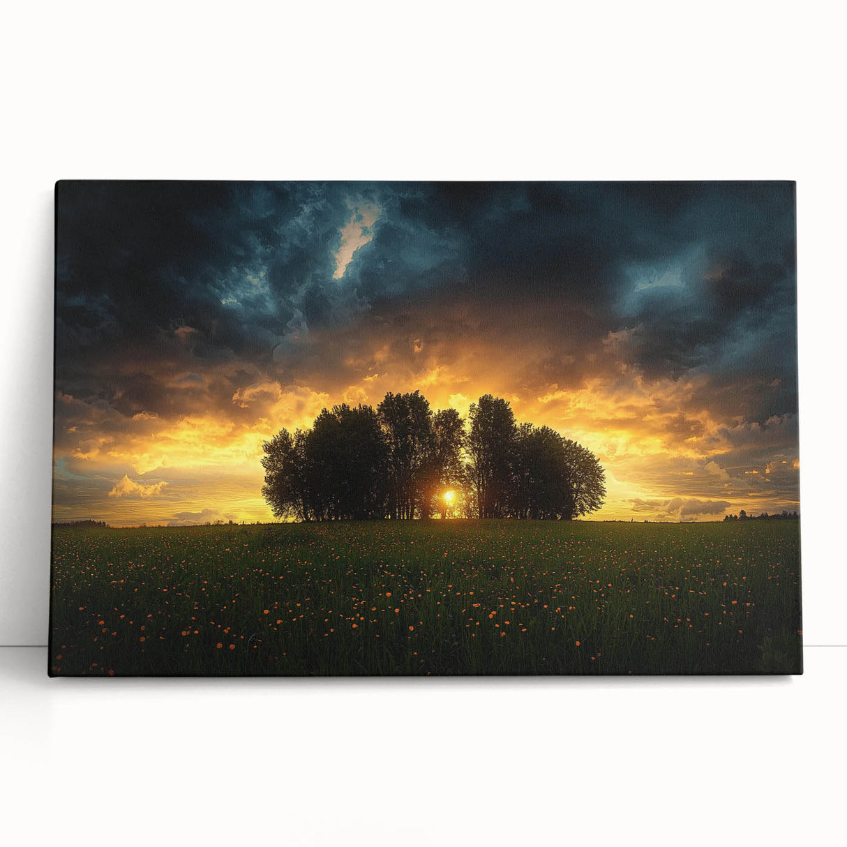 Stretched canvas artwork depicting a serene landscape with vibrant green fields under a clear blue sky, leaning against a textured wall, ideal for home decor.