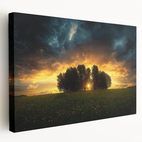 Stretched canvas artwork showcasing a vibrant landscape design, highlighting lush green fields under a blue sky, perfect for home decor or office enhancement.