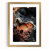 Extra large abstract art print featuring textured swirls in muted gold tones, framed with a mat in a gold frame.