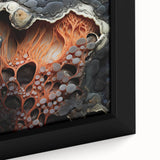 Black wall art featuring a close-up of natural elements in vibrant colors on a textured, framed canvas.