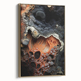 Large art print on framed canvas featuring mid-century modernist natural elements in muted gold and beige tones.