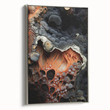 Landscape art painting featuring colorful, abstract elements on a black background, framed in silver.