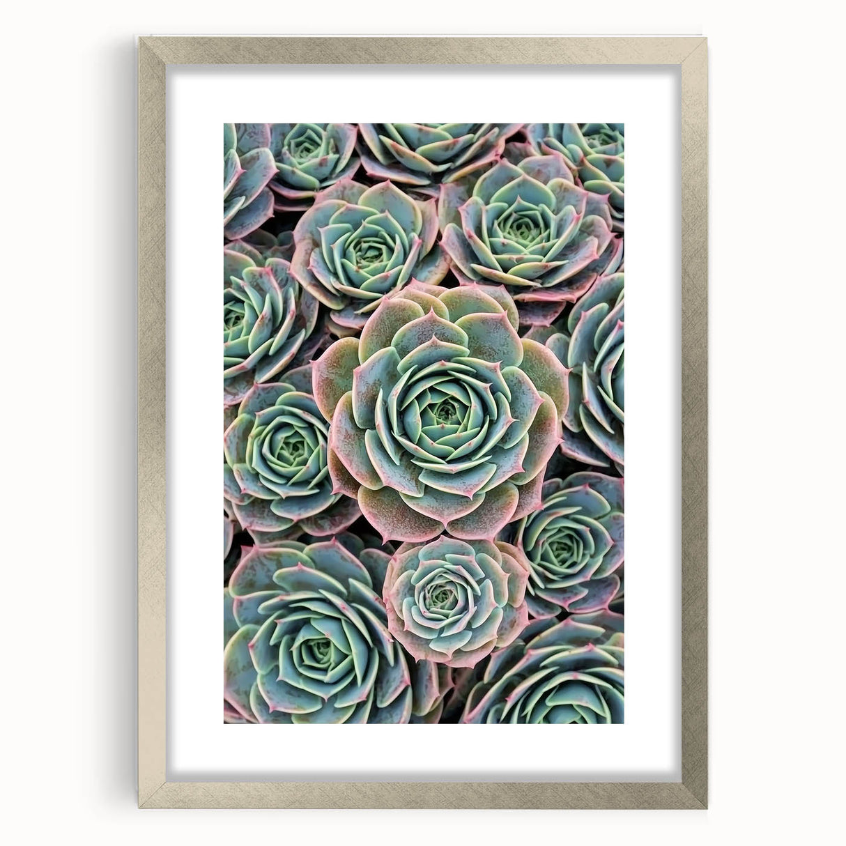 Textured abstract art print depicting close-up floral designs in soft pastel colors, framed in silver.