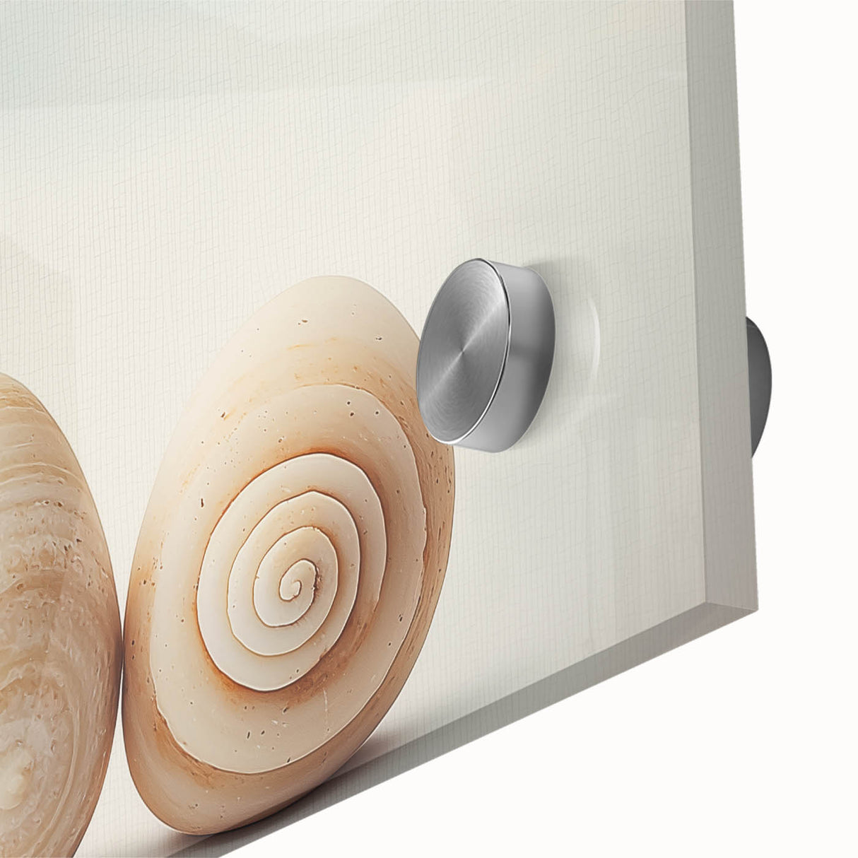 Large abstract wall art featuring close-up nature elements in muted green and brown tones on acrylic glass.