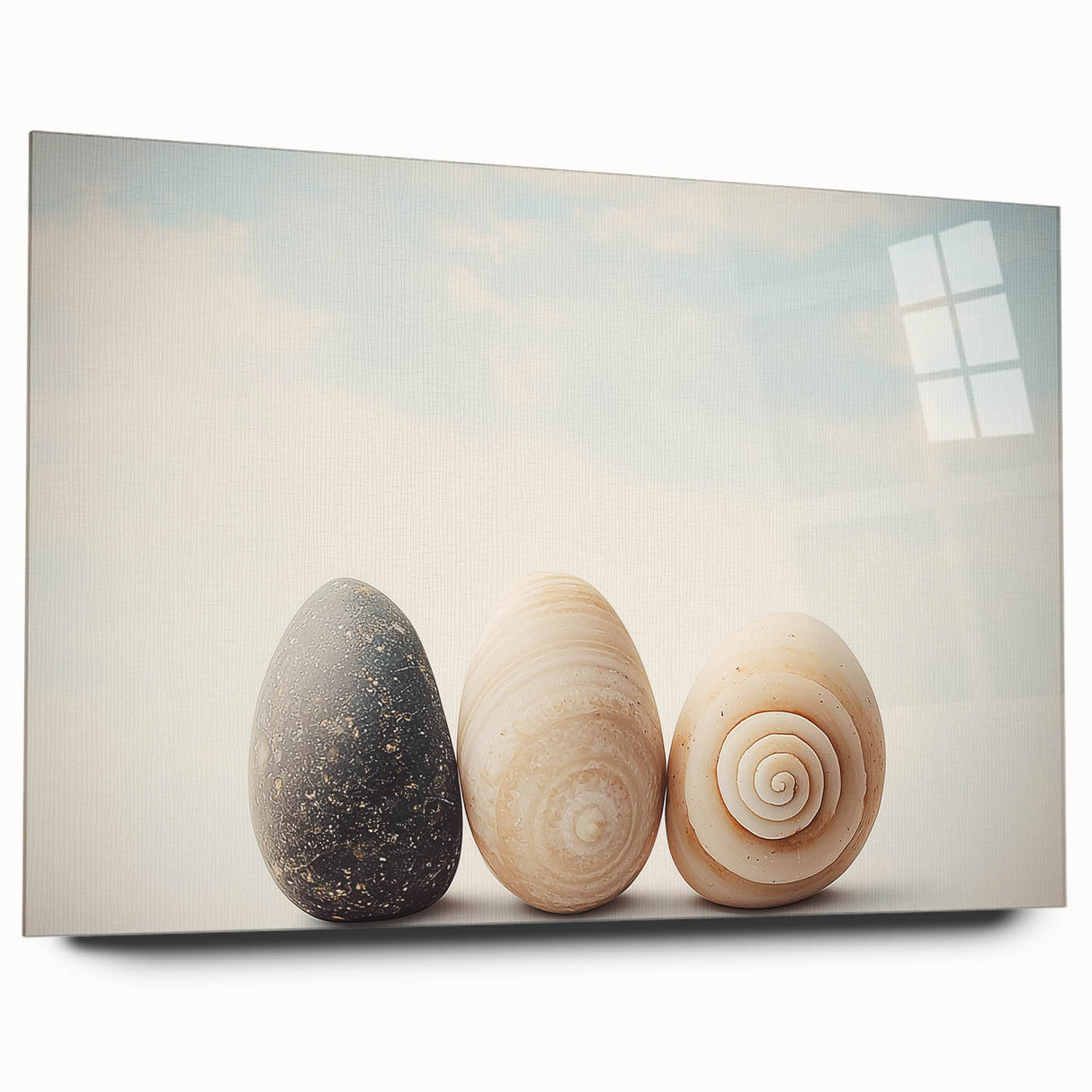 Large abstract wall art of natural elements in muted earth tones on acrylic glass, ideal for bedroom or dining room decor.