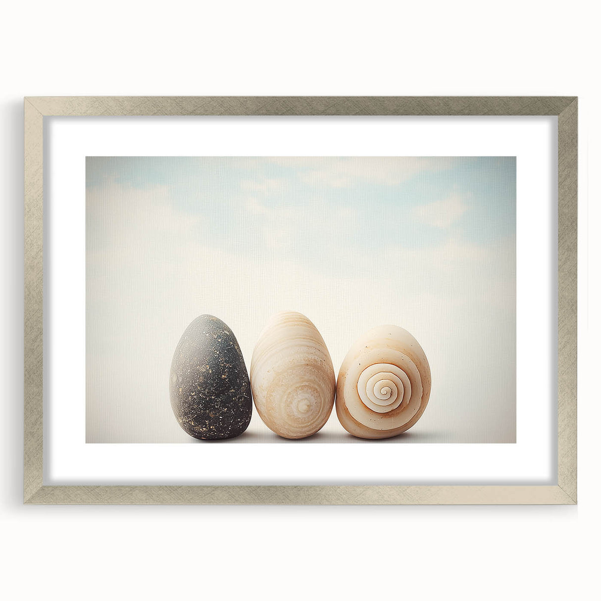 Textured art print featuring abstract nature elements in muted earth tones, framed in silver, ideal for bedroom decor.