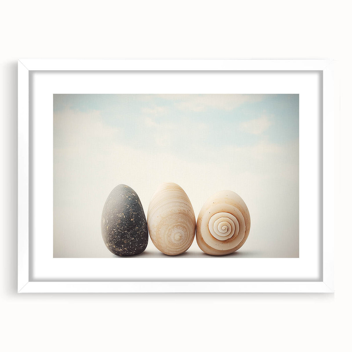 Abstract art print featuring close-up nature elements in muted green and brown tones, framed in white.