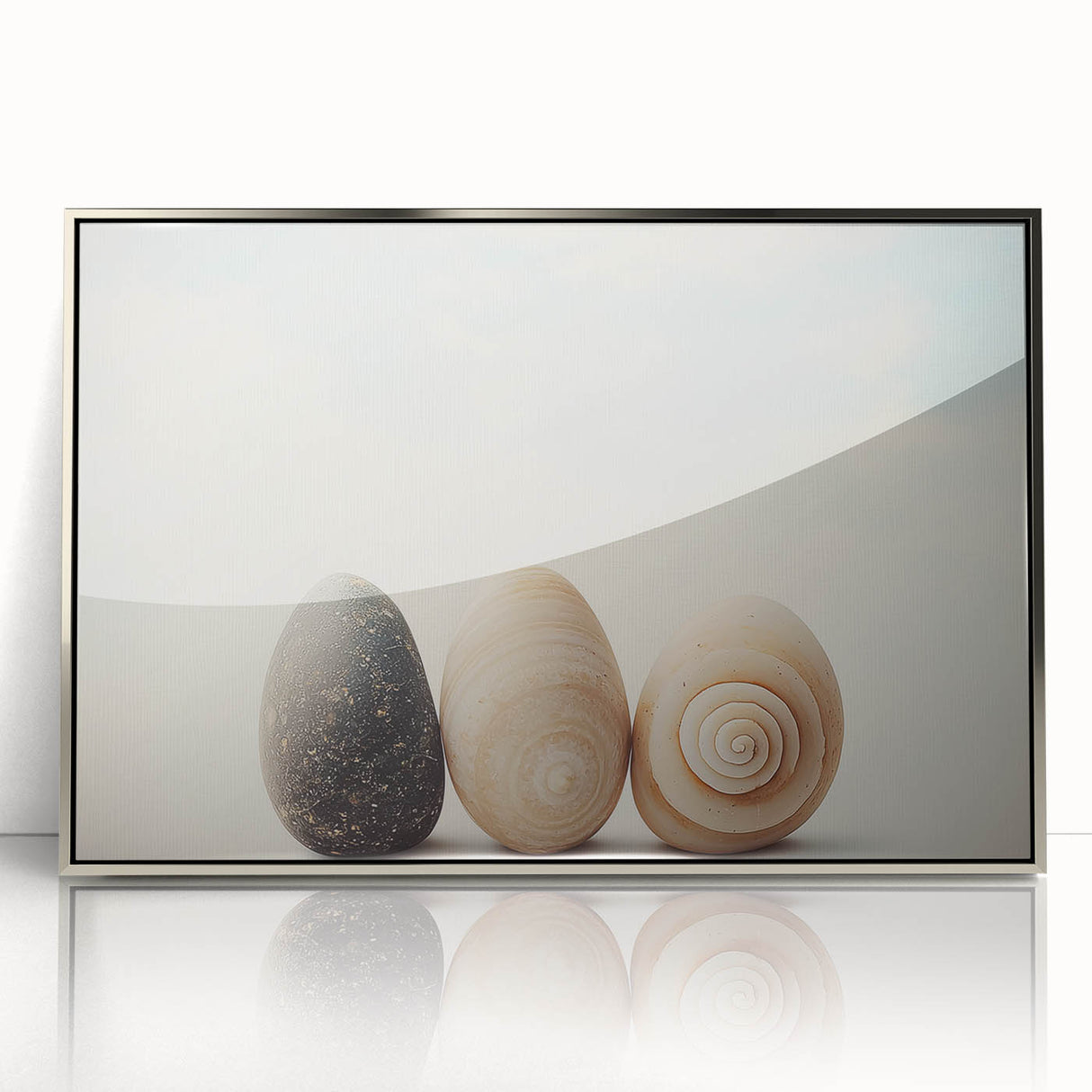 Mid-century modernist art depicting nature elements in muted earth tones on a framed acrylic print.