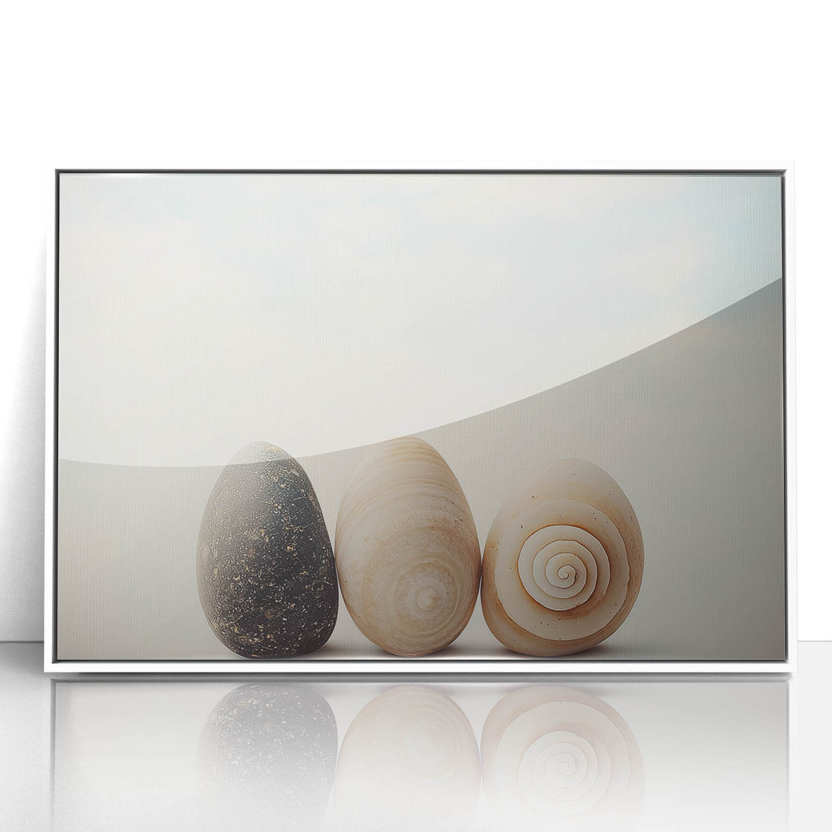 Art deco poster featuring close-up nature elements in muted green and white tones, acrylic print framed in white.