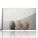 Art deco poster featuring close-up nature elements in muted green and white tones, acrylic print framed in white.