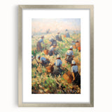 Textured abstract art print in muted gray and blue tones on framed canvas, suitable for bedroom art.