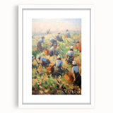 Abstract art print featuring swirling blue and green tones on a white framed canvas, suitable for dining room or bedroom.