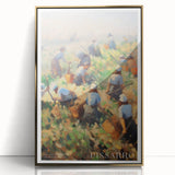 Large art print of a mid-century modernist scene with muted earth tones on framed acrylic, suitable for nursery wall decor.