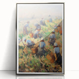 Mid-century modernist art featuring abstract shapes in muted tones on a framed acrylic print.