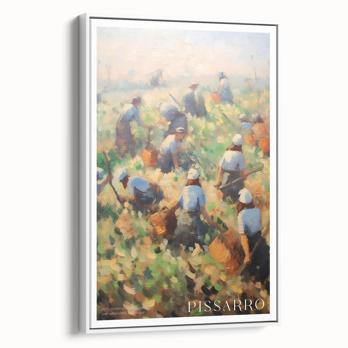 Vintage poster art of Camille Pissarro, featuring colorful impressionist style on a large white framed canvas.