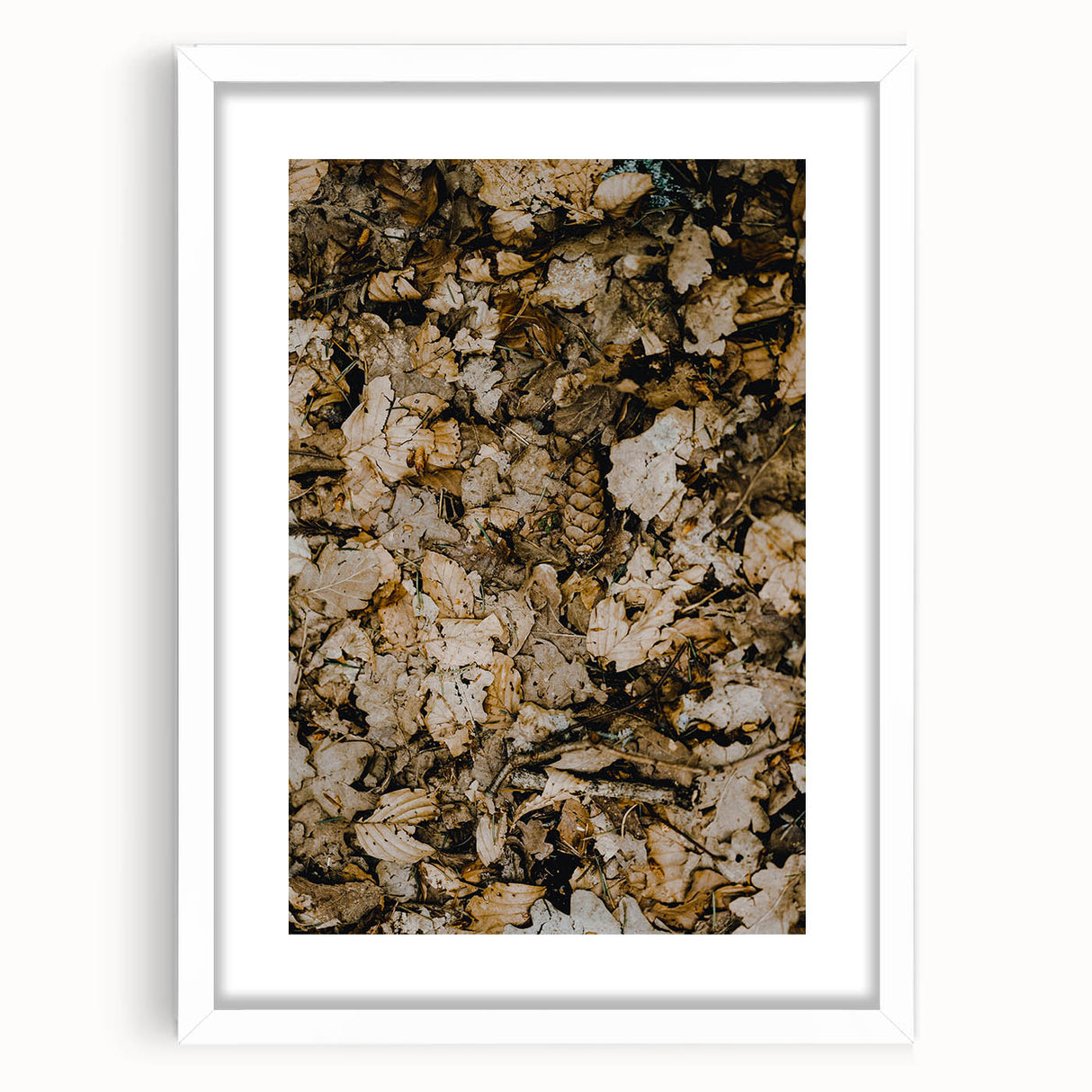Abstract art print featuring fall-inspired colors in a white frame, ideal for dining room or bedroom decor.