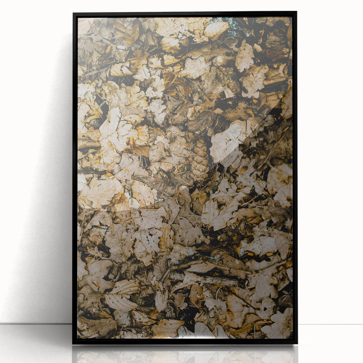 Large abstract wall art featuring mid-century modernist autumnal tones in a black framed acrylic.