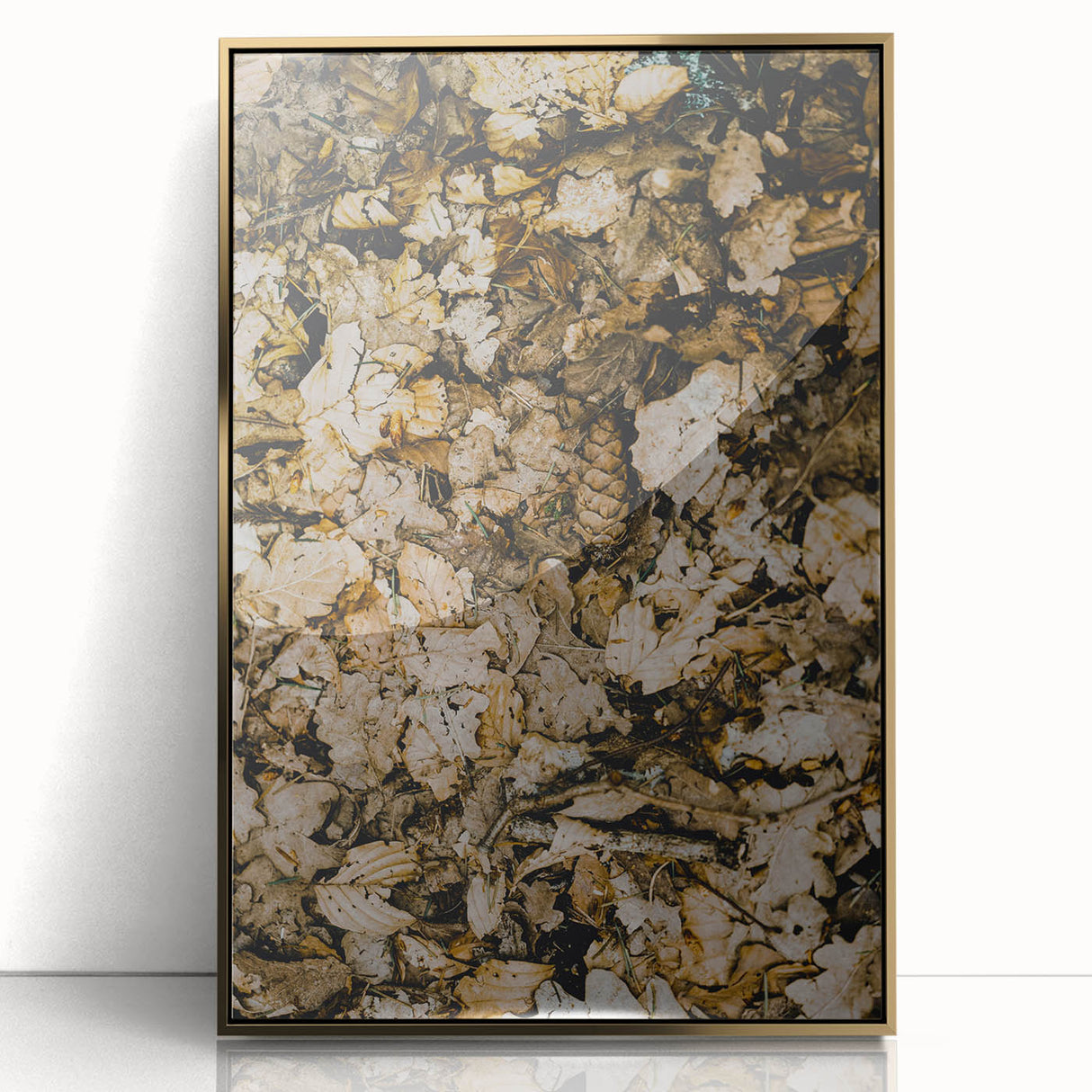 Large art print of a mid-century modernist autumn scene in gold tones on acrylic, ideal for nursery wall decor.