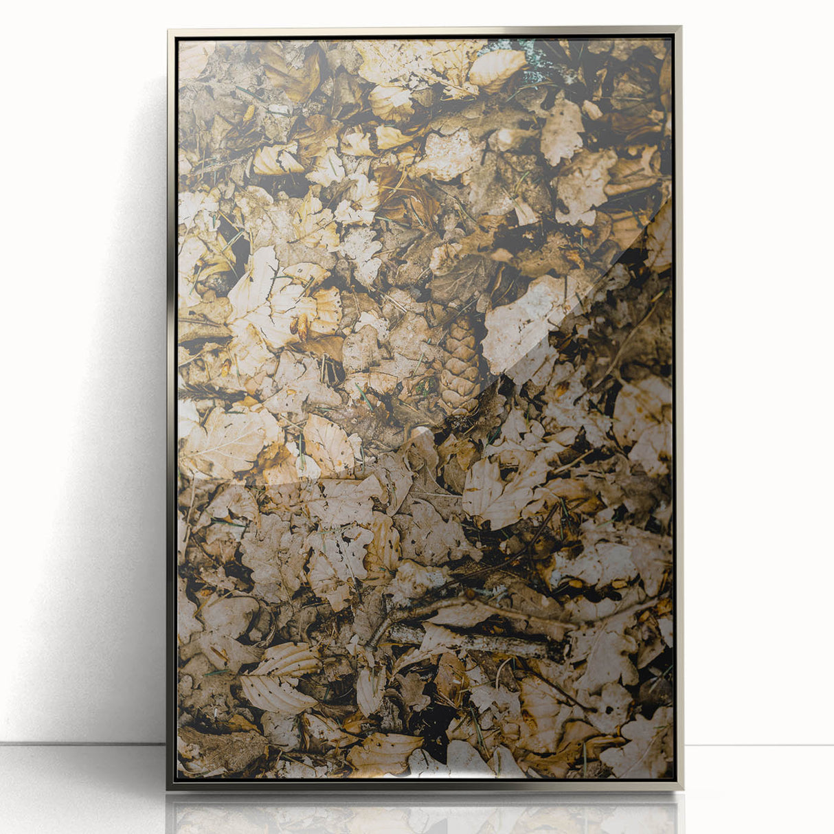 Mid-century modernist art depicting abstract fall scenery in warm orange and brown tones, framed acrylic print.
