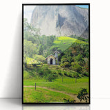 Large abstract wall art featuring mid-century modernist spring motifs in vibrant green and pink tones on black framed…