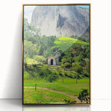 Large art print of a mid-century modernist spring scene in pastel shades on framed acrylic, ideal for nursery wall art.