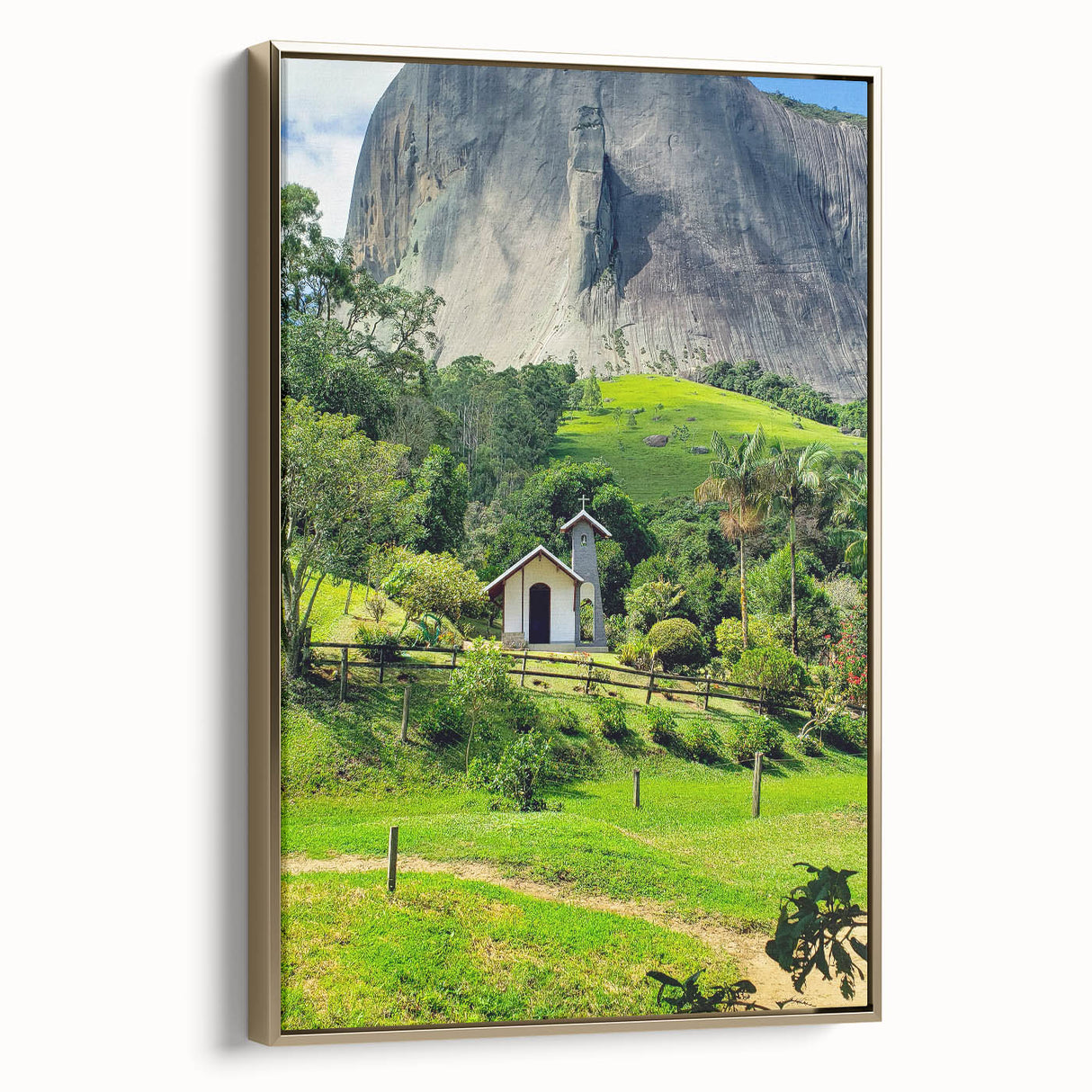 Framed canvas depicting a vintage-style landscape with muted greens and browns, ideal for bedroom wall art.