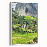 Vintage poster art of spring on extra large framed canvas, featuring colorful motifs against a black background.