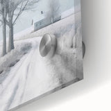Winter-themed large abstract wall art on acrylic glass, featuring cool blue and white tones.
