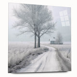 Large abstract wall art depicting a winter scene in muted blue and white tones on acrylic glass.