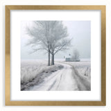 Winter-themed abstract art print with textured details in muted blue and white, framed in gold.