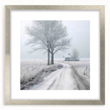 Textured abstract art print depicting a winter scene in muted blue and white tones, framed in silver.