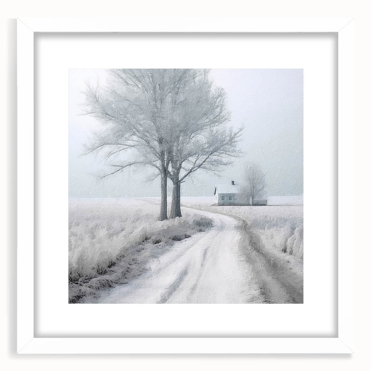 Abstract art print depicting a winter scene in muted blue and white tones on a framed canvas, suitable for dining room decor.