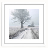 Abstract art print depicting a winter scene in muted blue and white tones on a framed canvas, suitable for dining room decor.