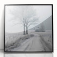 Large abstract wall art depicting a winter scene in muted blue and white, framed in black acrylic.