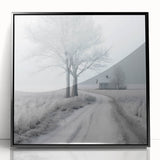 Large abstract wall art depicting a winter scene in muted blue and white, framed in black acrylic.